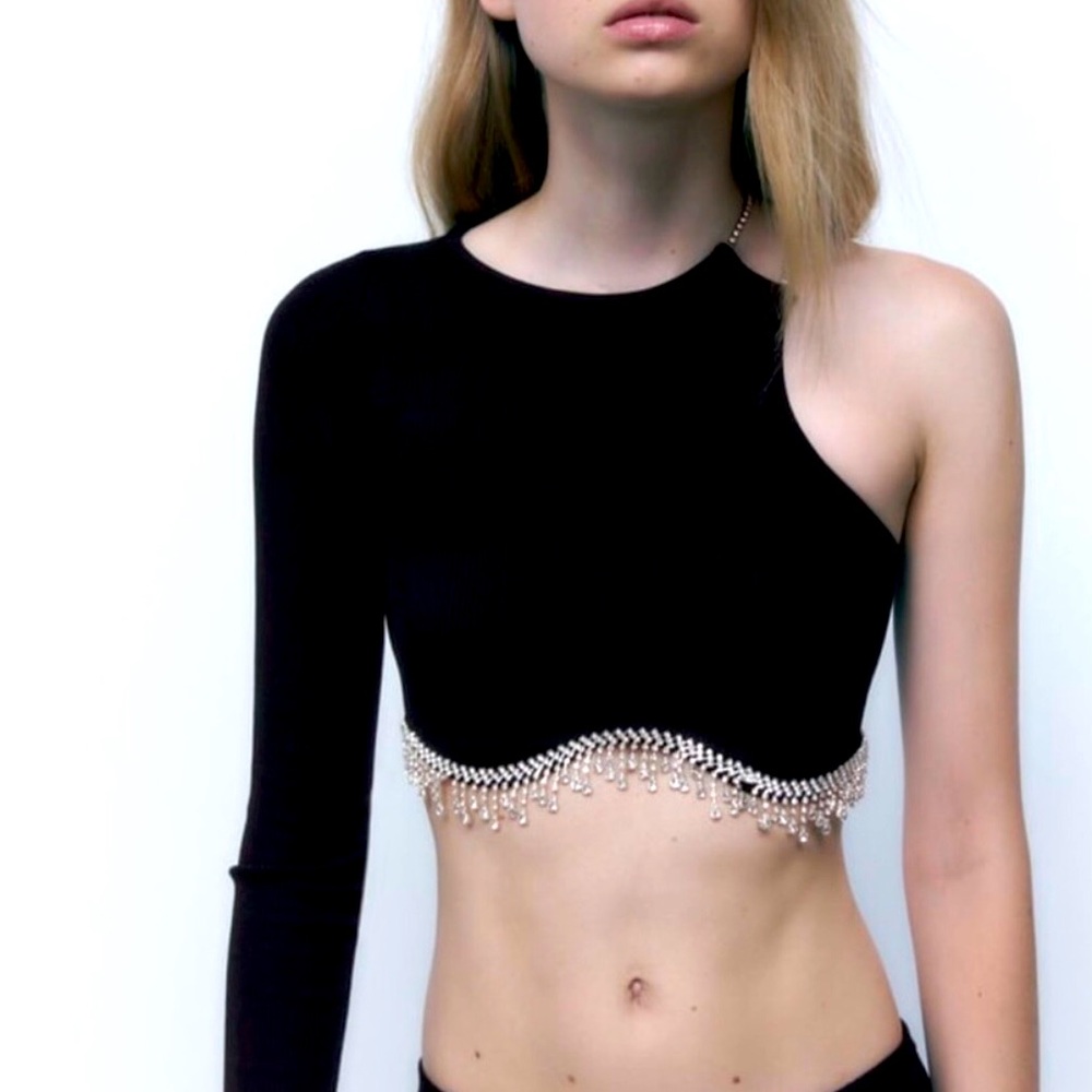 Zara one shoulder Rhinestone crop top
